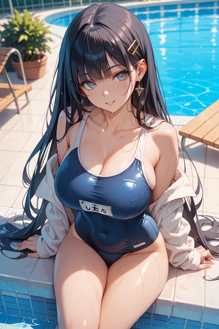 Black Hair Navy blue school swimsuit Big Breasts Midsummer Pool