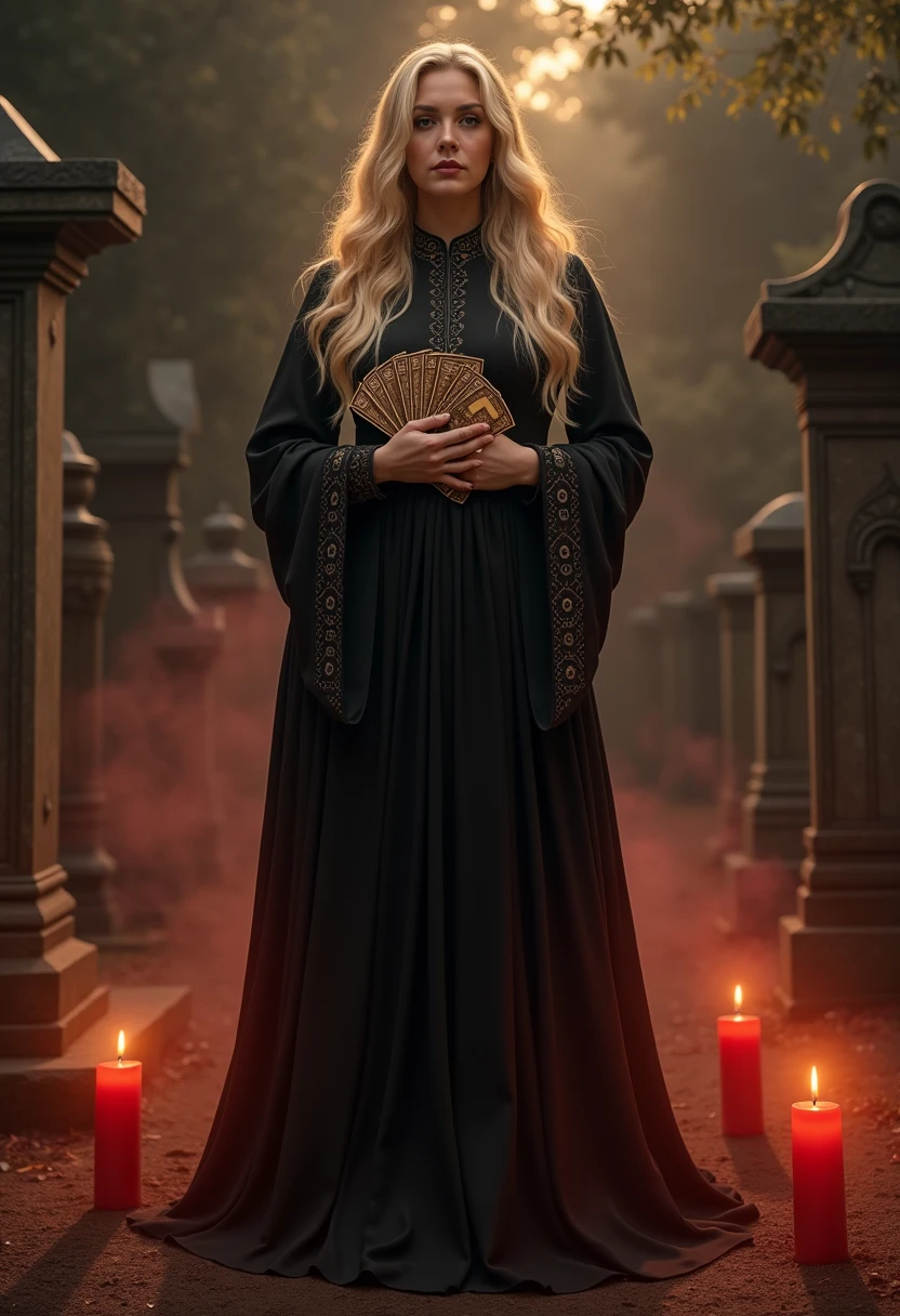 A plus-size woman with a round face and serene spiritual expression. Long, straight, voluminous blonde hair. She holds a fan of Pombagira oracle cards. Dressed in a ceremonial black Pombagira gown with long sleeves, a high collar, and subtle gold embroidery — modest and elegant. She stands in an old cemetery at night, with stone tombs in the background, soft red mist floating through the air, and red candles lit around her. The lighting is mystical with a gentle golden glow reflecting off her dress. Realistic, spiritual, mysterious, and powerful atmosphere — perfect for a magical oracle cover.