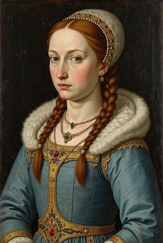 medieval portrait, frontal bust of noblewoman, 15th-century Gothic court style, Flemish primitive painting, early Netherlandish style, oil on wood panel, flat face, no expression, pale skin, gray-blue eyes, chestnut braided hair, celestial blue dress, gold embroidery, fur trim, pearl French hood, heavy gold necklace, flat dark background, no depth, no perspective, stiff posture, solemn gaze, low contrast, hard shadows, icon-like composition, gold leaf highlights, aged painting, craquelure, visible brush strokes, faded colors, tempera and oil mix, painted c. 1495 –v 5 –style raw –ar 2:3