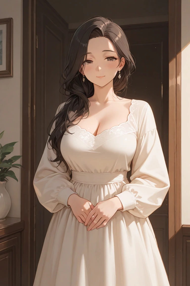 (masterpiece、top-quality、hight resolution、Unity 8k Wallpaper、extremely details CG:1), A mother, standing nearby, smiles gently and says, "I guess you're at that age where you get interested in these things." She has a kind and understanding expression. The setting is a cozy living room, focusing on the mother.