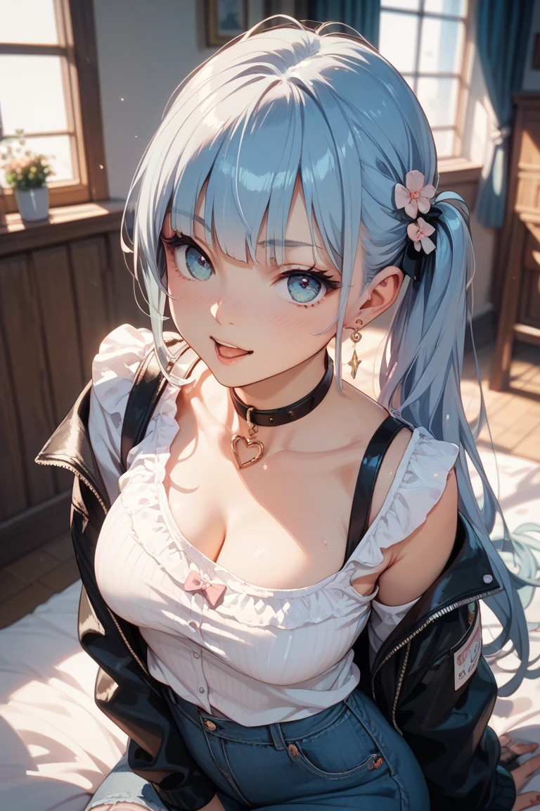 Best Quality,High resolution,8k,(plain white background, no patterns, no textures, just a plain white background:1.3),Masterpiece:1.2),beautiful girl,Big Breasts,(Shiny light blue hair:1.3),messy hair,Bobcut,Beautiful light blue eyes,A set of lingerie featuring intricate lace detailing(black color). The bra has delicate lace trim along the edges with a floral or geometric pattern, and adjustable straps with small, refined accents. The panties are designed with matching lace, featuring a soft, breathable fabric with a touch of elegance. The color scheme is sophisticated, such as soft pastels or classic black with subtle touches of gold or silver,Gentle look,A refreshing look,smile,Best quality,Best Quality,Aesthetic and aesthetic:1.2,Best details((Super detailed))(High-definition CG illustrations),Slender body,smile,blush,cute,Scrounge,Looking up,Being spoiled,wariza