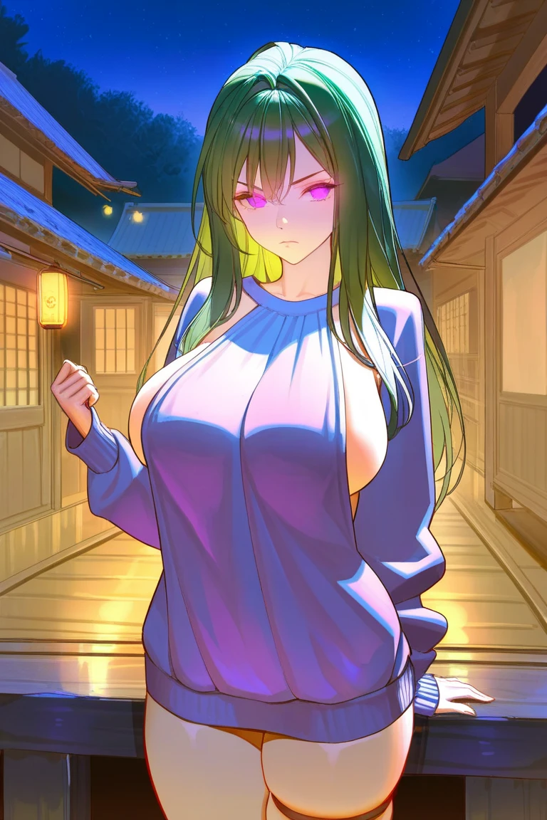 (best quality,4k,8k,highres,masterpiece:1.2),ultra-detailed,(realistic,photorealistic,photo-realistic:1.37),Tsuanade,green robe,old city,night time,moon,neon lights,tits,emerald green robe,aged cityscape,festival of lights,painted with meticulous details,traditional Japanese attire,shimmering moonlight,glowing neon signs,exquisite embroidery on the robe,towering ancient architecture,rustic charm of the city at night,bustling streets adorned with lanterns,serene ambiance,breathing life into the scene,subtle illumination of the moon,prominent city landmarks in the background,contrast between the dark sky and the vibrant city,enchanted atmosphere,sublime beauty of Tsunade,charismatic presence,whispers of the past from the city walls,nighttime allure,emerald green hues blending seamlessly with the night,depiction of Tsunade's captivating gaze,sophisticated elegance through the portrayal,mystical charm of the moon casting its glow,playful colors from the neon lights,creating a surreal and magical setting,intricate patterns on the robe,an artful mix of tradition and modernity,illuminated display of the city's heritage,visual feast for the eyes,show  tits,show