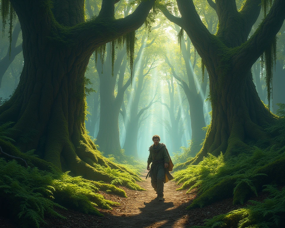 a man walking through a dense forest with giant trees