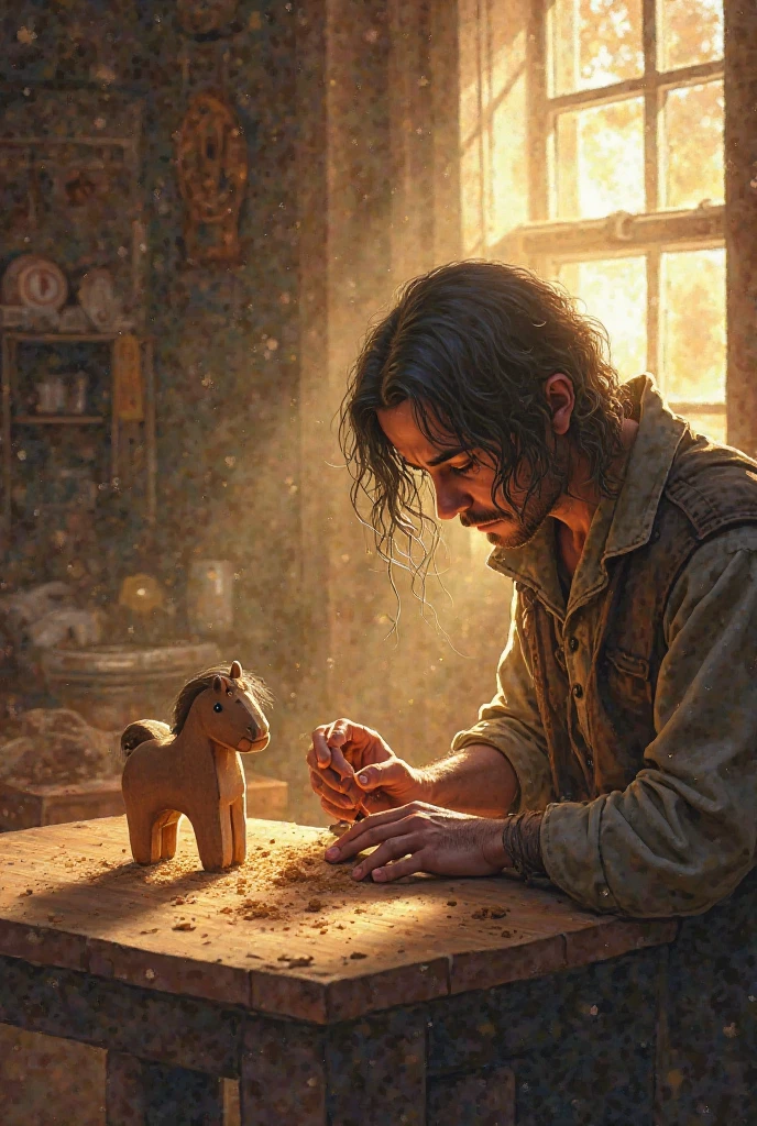 Redemption Dawn**  
*"Kai using the last flicker of the coin’s magic to craft a simple wooden toy horse. His hands are rough but careful. Sunrise through a workshop window. Soft watercolor textures."*