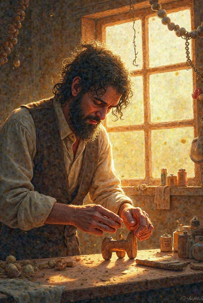 Redemption Dawn**  
*"Kai using the last flicker of the coin’s magic to craft a simple wooden toy horse. His hands are rough but careful. Sunrise through a workshop window. Soft watercolor textures."*