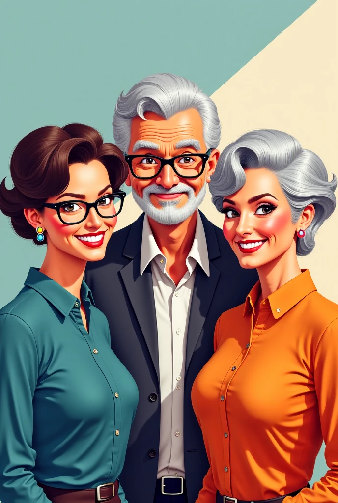 Create a picture of a group of three people. A cool grandpa and two cool grandmas pose together