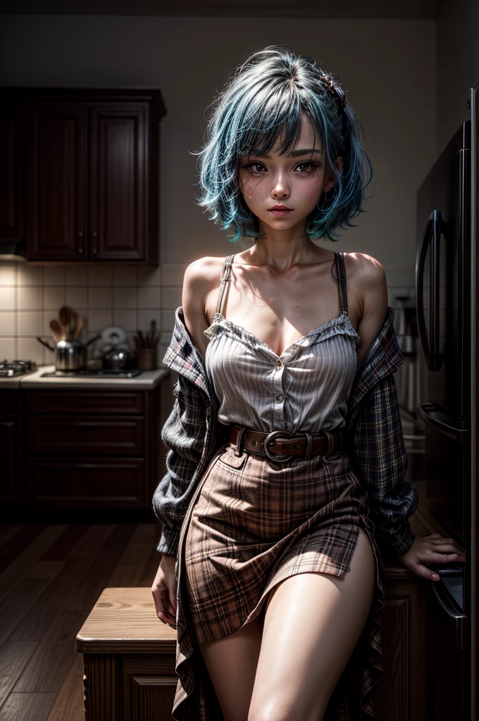 A young woman with vibrant blue hair, positioned slightly off-center towards the left of the frame, is seen from the mid-section up. She is light-skinned and appears to be in her late s or early twenties. Her hair is styled in a short, layered bob. She is wearing a loose white button-down shirt, a brown leather belt across her breast, and a plaid tartan-patterned mini-skirt. She has a delicate, slightly defined facial structure with fair skin and rosy cheeks. A small, simple lotus flower tattoo is visible on her chest. The setting is a home interior, with a light gray wall backdrop and some hints of kitchen appliances in the background. The composition is casual, with the subject posing in a relaxed manner. The perspective is straight-on, from a slightly elevated angle.