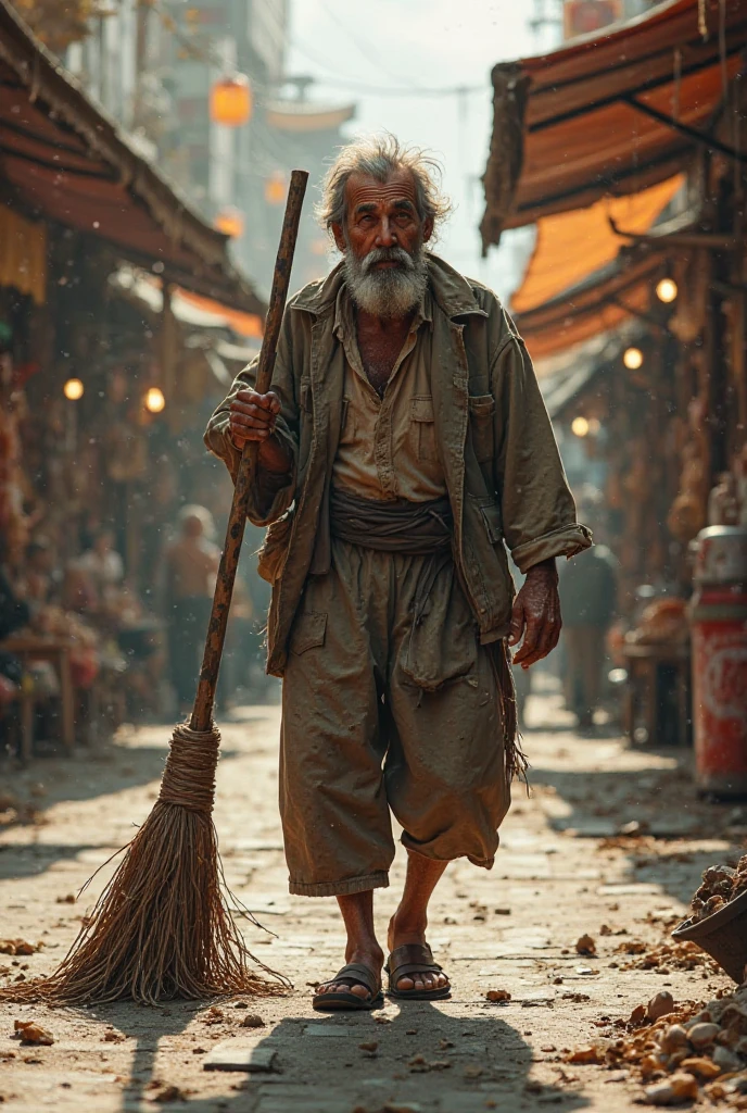 Poor biralo jo fateko kapda lagayako hunchha ra sahar ko road ma jhadu lagairaheko cha. Background ma sundar market, safa bato, ra manche haru ko halchal cha."
