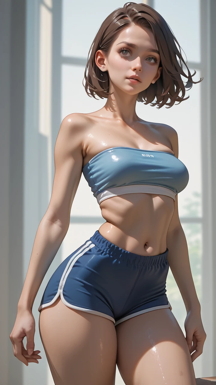 blue hair,Highly detailed 4k realistic photo ((whole body, including legs)) of the beautiful 18-year-old redheaded Anglo-Saxon girl sweaty with ((pointed jaw)) and perky breasts, in wet clothes with a wet sports bra with a deep neckline, evening, beautifully drawn hands