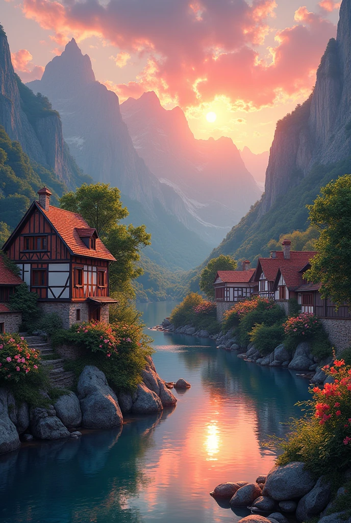 a small village by the river, mountains in the background, floral flowers colorful, detailed landscape, Beautiful natural landscapes, atmospheric lighting, scorching sunset, warm colours, practical, photopractical, Detailed Foliage, complex buildings, cobblestone street, Charming country house, swirly vibrant colors, lush vegetation, Still water reflections, Picturesque, idyllic, work of art, best qualityer, 8k, extremely detaild,anime styling