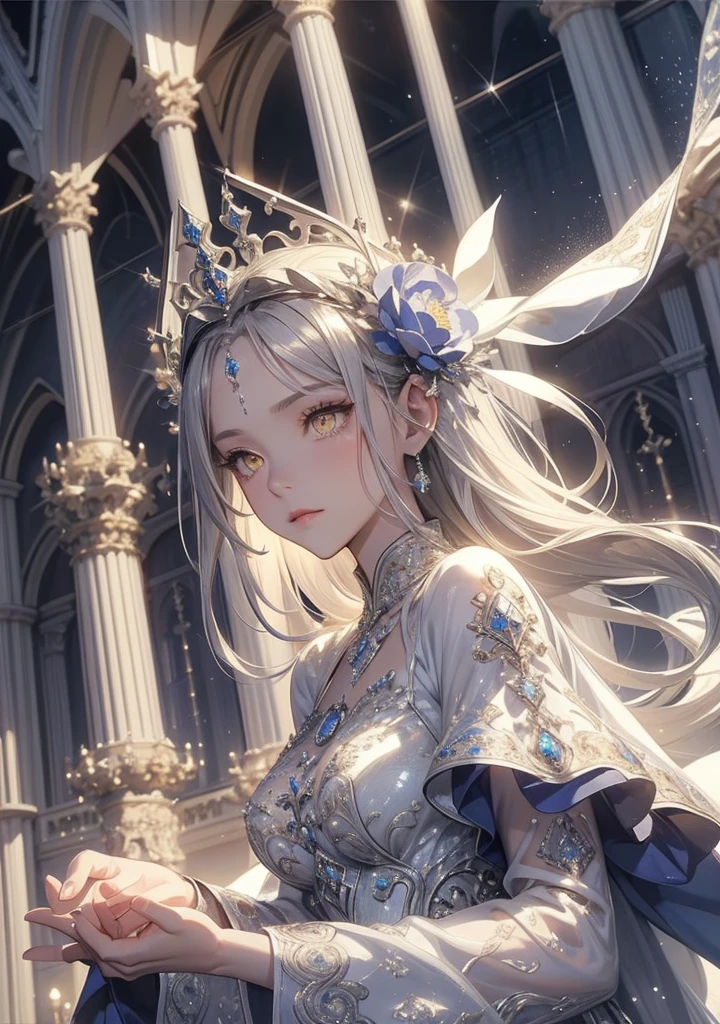 top quality。detailed description。A cathedral throne。Portrait of a beautiful and noble saint。 silvery long hair、((silver hair, forehead, parted bangs))。 ((yellow eyes, Silver eyelashes))。Mermaid Line's Luxurious and Cool Queen's Dress。solemn long navy blue long cape。Silver Embroidery and Silver Decorations。 blue jewel decoration 。They have grown up 、 cool impression。 Sparkling Light and Shadow 。silver and blue gemstone accessories。solemn atmosphere。A ruthless expression with dignity and sorrow。Blue carpet 。blue curtains。Marble pillar。A cathedral at night in the dim light。Silver moonlight pouring down through a large window。A candlestick with a flickering flame。Impressive depiction of light and shadow 。A solemn throne for a saint。Rose Flower。 delicate and melancholy adult atmosphere 。Romance fantasy style 。dynamic angle。The background is a solemn cathedral and large windows。cool atmosphere。Ephemeral and Noble。A solemn cathedral。Solemn。