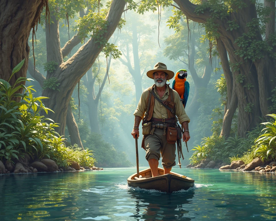 Create a man crossing a river accompanied by a parrot