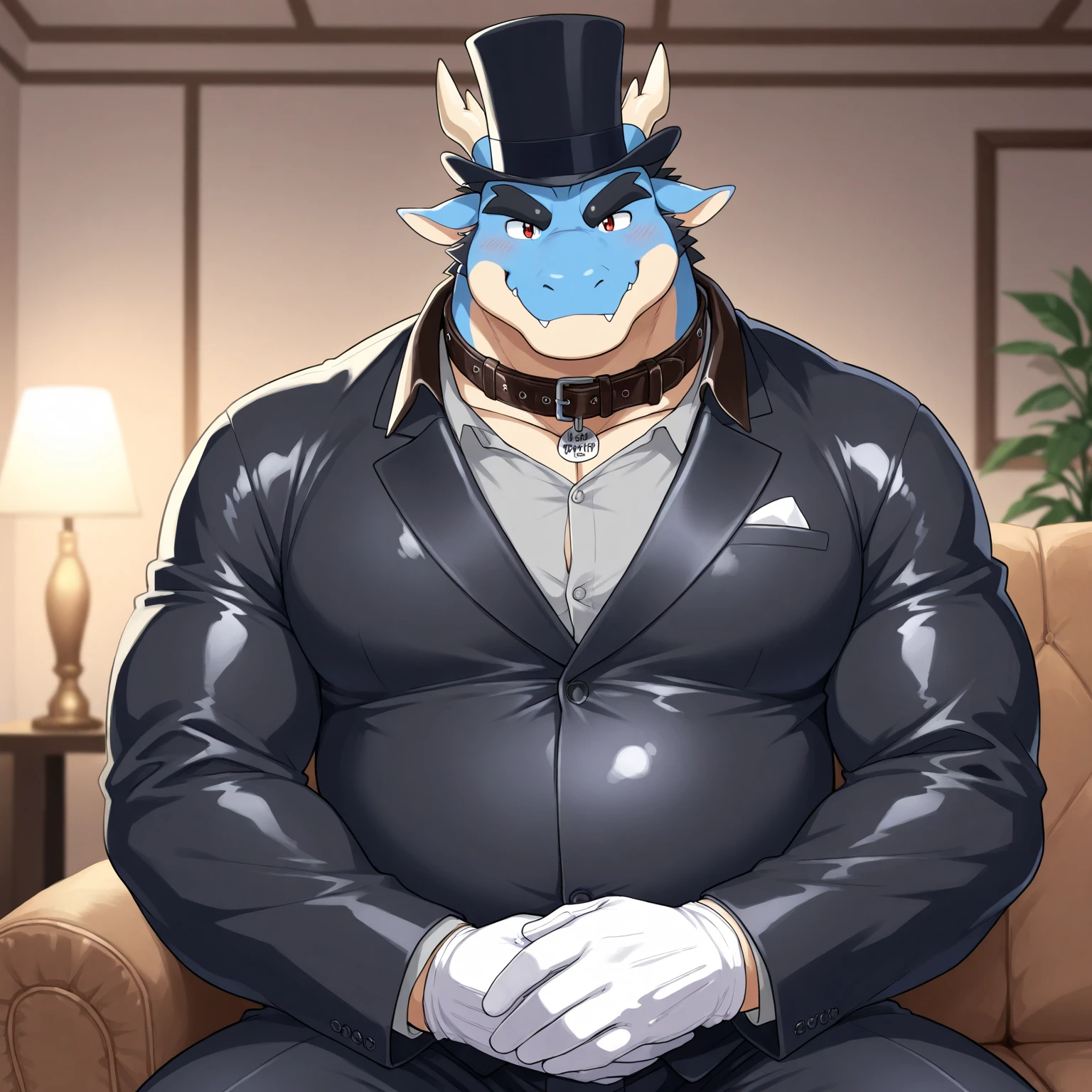 Multiple Dragons exist, A Male, fat, extremely obese, gentleman, dapper Professor Dragon with a large penis and testicles, ejaculating extreme amounts of sperm from the penis, blue eyes, (soft shading), 4k, hi res, ((detailed face, detailed)), evil grin, steampunk, collared shirt with buttons, top hat, male focus, Explorer Outfit, glasses, monocle, vest with buttons, sleeves rolled up, round eyewear, brown headwear, brown vest, Dragon is wearing a glossy leather dog collar around the neck, Dragon is wearing the leather collar and shirt and vest at the same time, Dragon is wearing glossy white rubber gloves on the hands, wearing white rubber gloves on the feet, gloves are rubber in texture, clenching teeth, clenching fists, leather collar is glossy and shiny with a lot of detail, Dragon is wearing gloves and leather collar at the same time, leather collar has a round dog-tag, leather collar is thick and detailed, sperm is sticky in texture. A Second Dragon with the same attire, helping the fat Dragon ejaculate sperm from his penis, Second Dragon is rubbing the fat Dragon's Penis, Second Dragon is wearing glossy white rubber gloves on the hands and rubber gloves on the feet, Second Dragon is wearing a glossy leather dog collar around the neck, second Dragon is wearing the leather collar and vest and shirt at the same time, Second Dragon is examining the fat Dragon's penis by rubbing it, second Dragon is clutching the fat Dragon's penis with his hand, fat Dragon is lying on the floor with legs spread apart shooting sperm from the penis.