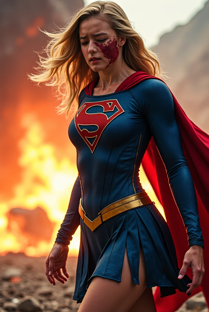 ((best quality)), ((masterpiece)), ((ultra realistic)), ((full body portrait)), (detailed hate filled eyes, anger, rage:1.5), professional intricately detailed award winning portfolio photograph, Supergirl enraged and battered and ready to fight amidst the destruction of Metropolis, ((dried blood, dirty face, filthy:1.2), ripped supergirl outfit:1.5), long messy blond hair, nubile toned body, burning building in the background, rubble, highly detailed, depth of field, professional, realistic, roughness, ultra realistic, photographed on a Canon EOS R5, 50mm lens, muted colors, F/2.8, HDR, 8k resolution, highres, high detail, sharp focus, smooth, roughness, real life, photorealism, photography, 8k uhd, cinematic film still from man of steel,