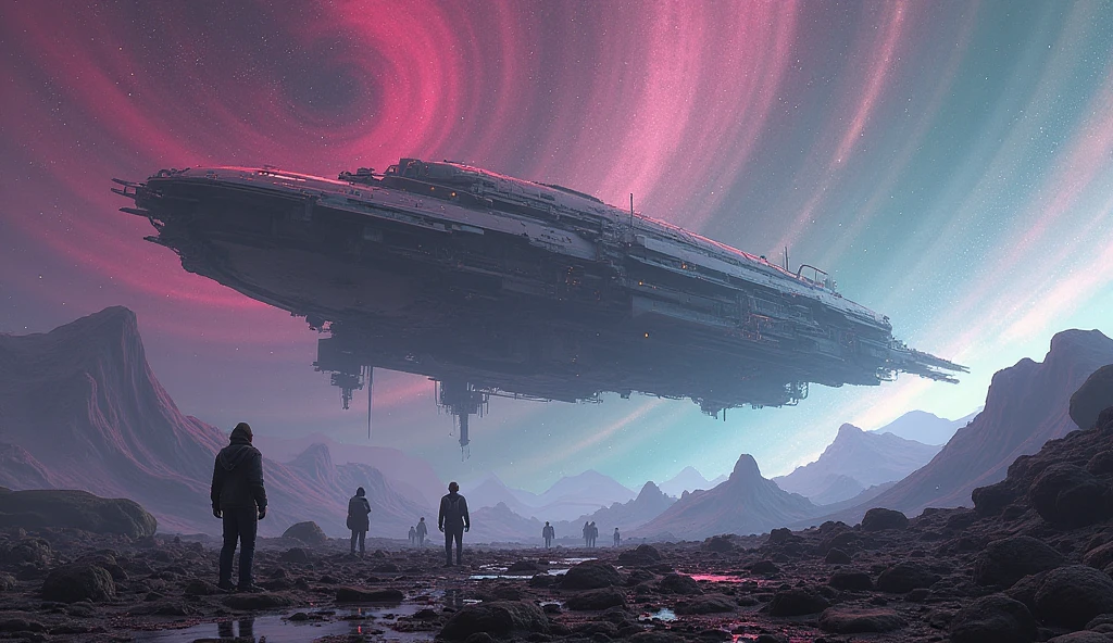 A Space station with debris scattered around, galaxy in the background, vaporwave colored background, scattered people looking on at the space station