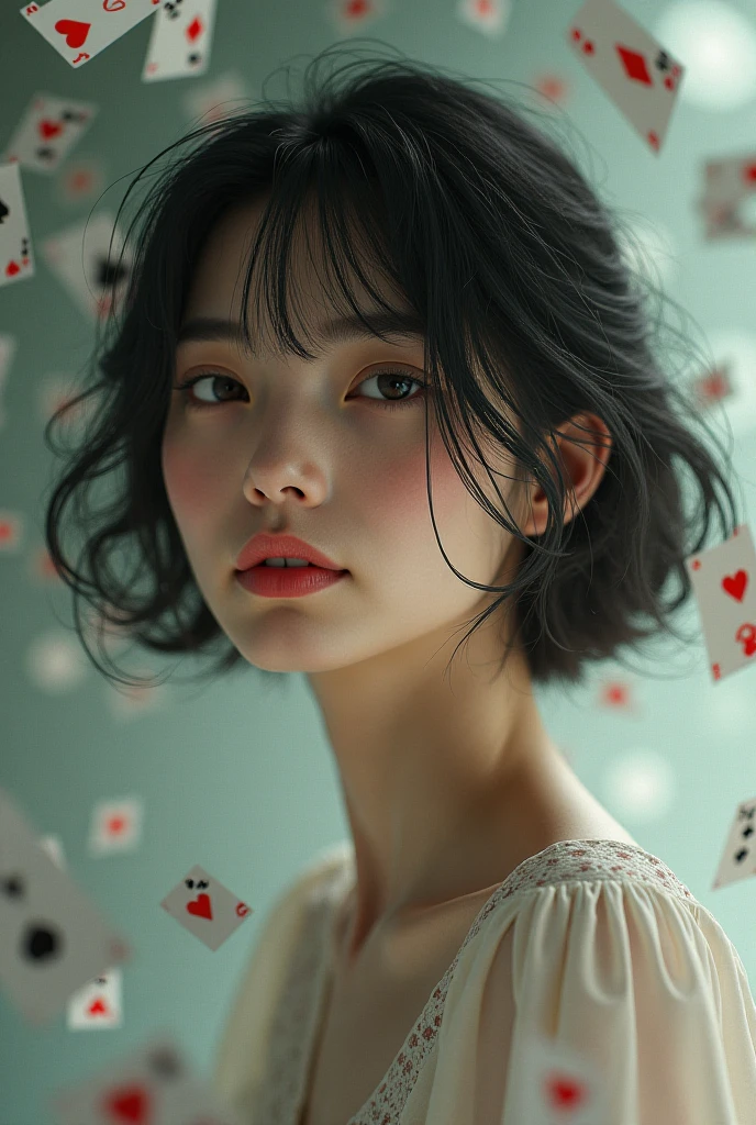 Picture of a girl with short dark hair ,upturned nose and cards in a romantic style 