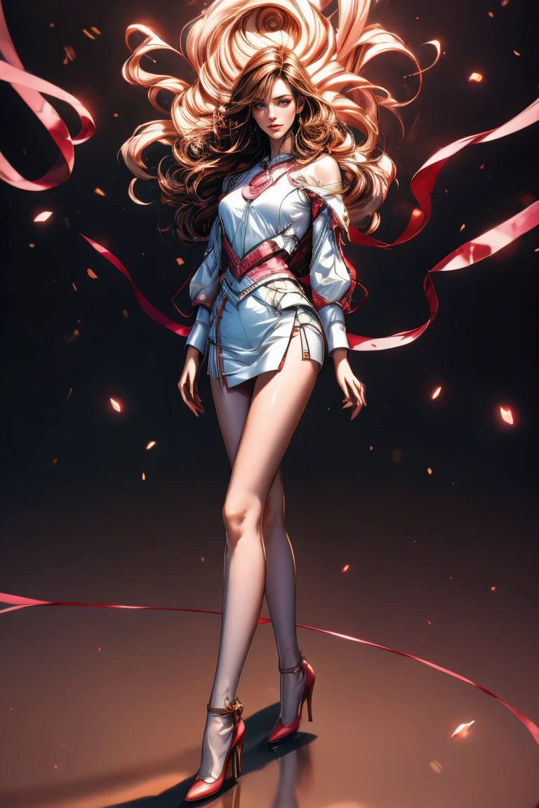 A full-body, ultra-detailed semi-realistic digital painting of a mature French woman in her early 40s, with a slender yet well-balanced figure and a graceful silhouette. She has a modestly full bust that enhances her femininity without exaggeration. Her presence is calm and welcoming, and exudes gentle, confident sensuality. Her proportions follow a tall 10-heads-tall fashion model standard, with elongated limbs, long, shapely legs, a slightly smaller head, and refined, soft facial features that express maturity and kindness. Her narrow hips create a smooth, elegant lower body. Her posture is relaxed and elegant, with a gentle weight shift and naturally positioned arms. She wears a pastel-themed race queen outfit: a glossy lavender and white zip-up cropped top with a soft neckline, paired with an ultra-short asymmetrical skirt in matching tones. Nude-colored high-heeled pumps and minimal accessories complete the clean, feminine look. Her outfit blends softness and sporty sophistication with pastel charm. Her makeup is subtle and natural: soft peach lips, warm blush, and delicate eyeliner that highlights her gentle expression. Her face is softly oval with smooth cheeks, a calm jawline, and a serene, approachable look. Her eyes are round and slightly downturned, projecting quiet warmth and emotional intelligence. She has a small, upturned nose and full lips that rest in a faint, tranquil smile. Her auburn hair is layered and styled in a polished half-up, half-down look, loosely gathered at the crown and flowing in soft waves over her shoulders and down her back, voluminous and refined, with no bangs. She stands at a race venue surrounded by soft ambient lighting, gentle shadows, and shallow depth of field. Masterpiece, best quality, semi-realistic, 8K resolution, hyperrealistic portrait, finely detailed.