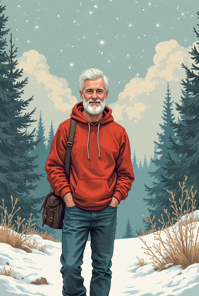 texte : "Joyeux Anniversaire Joël"
fond : paysage coloré, avec un seul personnage masculin, joyeux,  trisomique, quarantenaire, avec une barbe tres courte blanche, cheveux tres courts, portant un sweat a capuche et un sac a dos