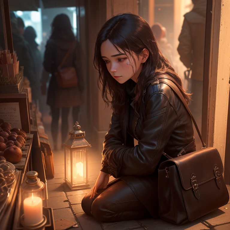 16.
She kneels beside a lost , offering comfort. Emotions etched into her luminous face, market crowd paused around her. Detailed leather satchel, tousled hair, cinematic light play — Nikon D850, Unreal Engine, (sharp:0.7), lora:more_details:0.6
