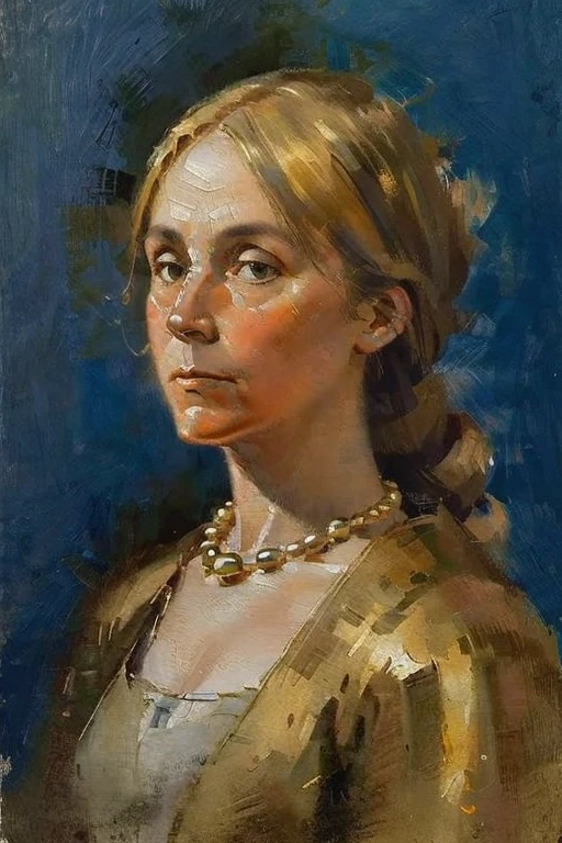 medieval portrait, frontal bust of noblewoman, 15th-century Gothic court style, Flemish primitive painting, early Netherlandish style, oil on wood panel, flat face, no expression, pale skin, gray-blue eyes, chestnut braided hair, celestial blue dress, gold embroidery, fur trim, pearl French hood, heavy gold necklace, flat dark background, no depth, no perspective, stiff posture, solemn gaze, low contrast, hard shadows, icon-like composition, gold leaf highlights, aged painting, craquelure, visible brush strokes, faded colors, tempera and oil mix, painted c. 1495 –v 5 –style raw –ar 2:3