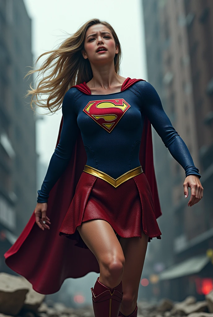 Melissa Benoist open thighs,super girl up skirt,white panties,coverd nipples,(shoot from below),wind from below,sky,solo, cape,red skirt,blue tite long sleeve shirt,