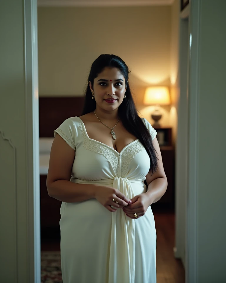 A radiant, full-figured plus sized South Indian 45 year old teacher wearing a transparent white colour silky saree standing hugging and kissing a 23 year old boy in a living room, , captured in a full-body image with vibrant hues and meticulous details. Full body image