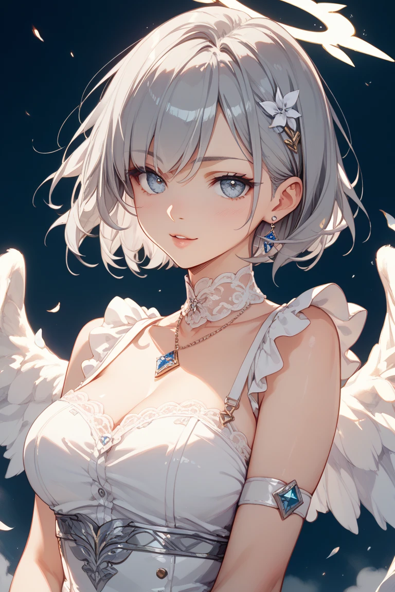 (masterpiece), (best quality), perfect face, beautiful girl, white background background, delicate and beautiful face and eyes, dark intense shadow,
1 girl, vtuber style, cool girl, hololive, Shirogane Noel, white short hair, Wedding dress, big chest, cropped shoulders, clavicle, one eye close winking, smile, body visible through clothes, chest visible through clothes, (full body), looking at viewer, standing,
