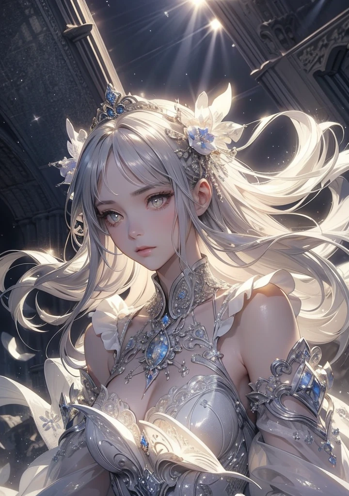 White hair girl, beautiful detailed eyes, pale skin, flowing white hair, elegant pose, fantasy setting, soft lighting, ethereal atmosphere, mesmerizing gaze, delicate features, porcelain-like complexion, long white hair cascading down her back, intricate braids adorned with flowers, silver crown on her head, sparkling snowflakes falling around her, snow-covered landscape, shimmering blue dress, graceful movement, dreamlike aura, enchanting beauty, enchanted forest, surreal color palette, delicate snowflakes melting on her fingertips, frozen breath in the air, winter wonderland scenery, magical glow surrounding her, serene expression, captivating presence, subtle hints of blue and silver, soft rays of sunlight filtering through the trees, tranquility and peace in her presence, icy blue eyes reflecting the beauty of her surroundings, dreamy and otherworldly atmosphere, a touch of mystery, artistic masterpiece, high resolution details, stunning portrait, portrait in a fairytale world.