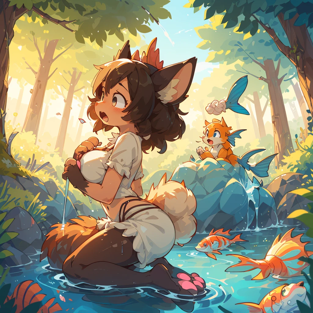 (Mucha style) , Bokeh , Watering the lawn in the garden , Hallucination , Daydream , female , Squirting water from long hose , Water droplets fluttering