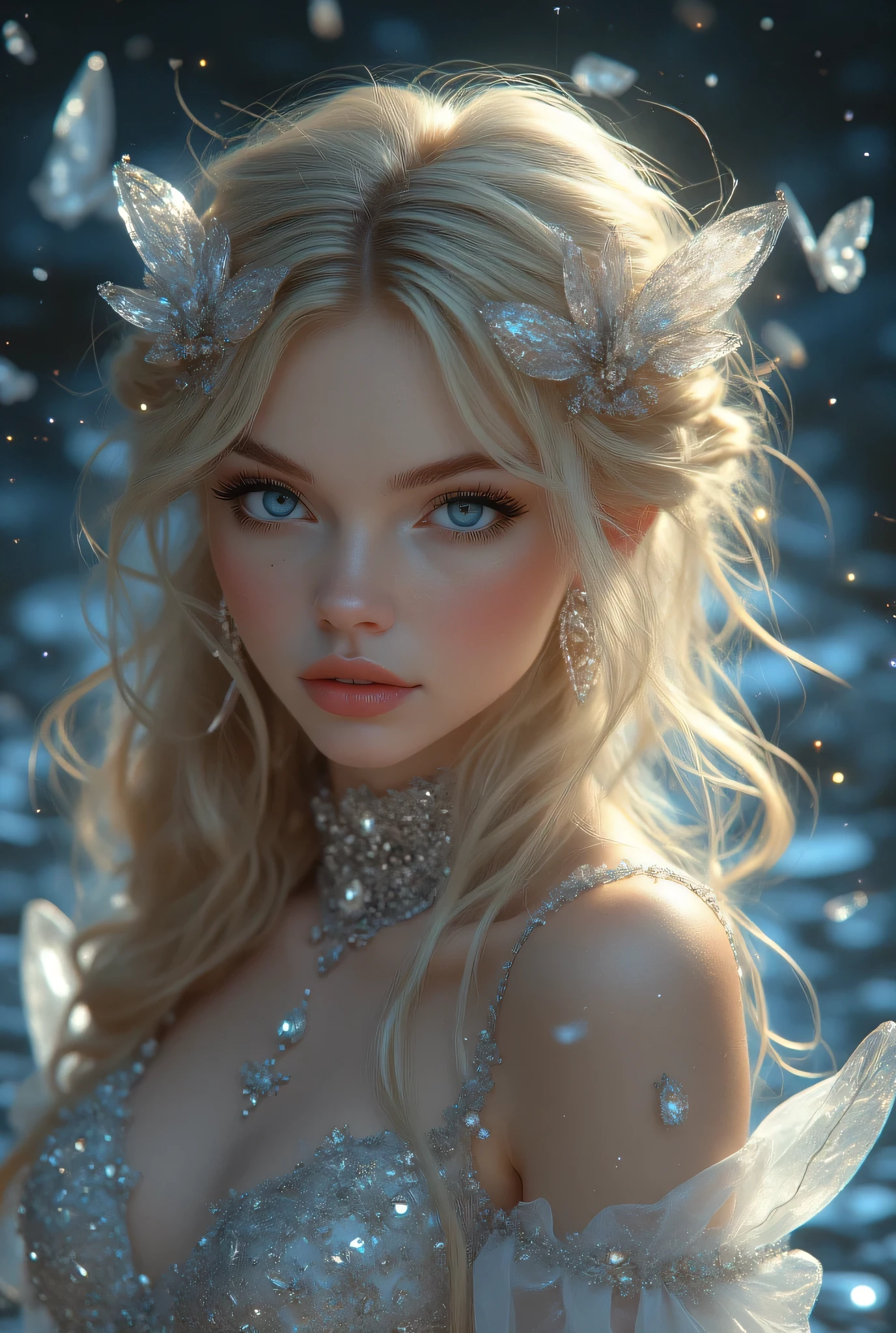 4K, Masterpiece, Best Quality, Detailed Background, Crystal, Crystal Cluster, Long blond Hair, Jewelry, Earrings, Necklace, Crown, Bride, Hair, Halo, (Overlook), Dynamic Angle, Ultra Detailed, Illustration, Close Up, Direct Look, 1girl, (Fantasy: 1.4), (detailed Eyes), (Beautiful and Delicate blue Eyes), (blond Hair), (Messy Hair, Very Long Hair, French braids, hair between the eyes, side hair), ((hair flower)), (chiffon silver strap dress, uniform flower pattern), (split sleeves, wide sleeves), (fingerless gloves), choker, (miko thighhighs), (expressionless, shut up), (standing), (classical princess boudoir with dresser floor-to-ceiling windows ancient palace), (silver flowers, blooming), (deep sea), (flowing water), (silver world tree), (Ruins), (Night), dreamy, Soul, (fluorescent), (Translucent Butterfly), (taylor Swift)