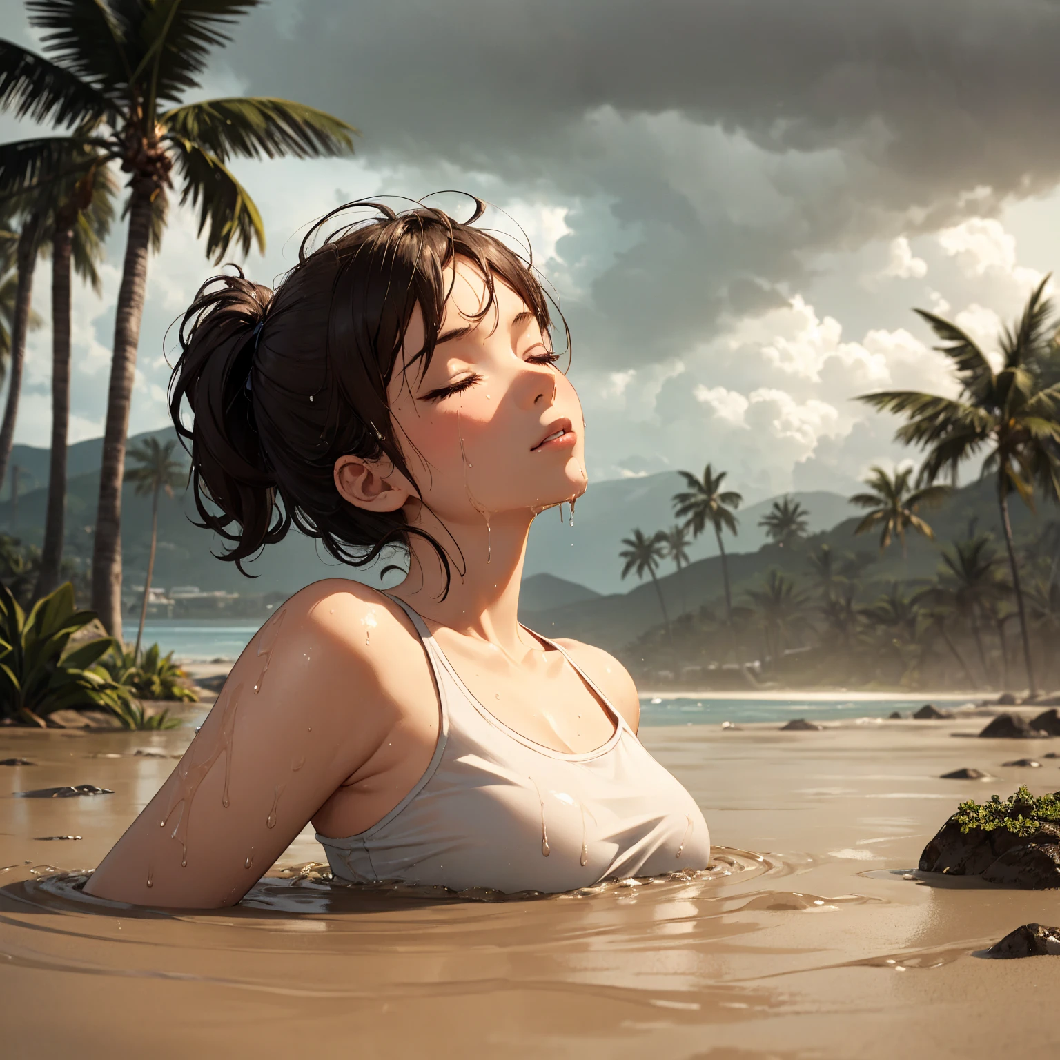 Solo, 1girl, drowning in quicksand, sinking in quicksand at the beach, ocean, palm trees, coastal, sand, expression, looking up, eyes closed, mouth open, stormy weather, (overcast lighting:1.5), gloomy, Solo, From Side, ginger hair in ponytail, wearing a tank top, sensual, beautiful, sweet girl, pleasure, rainstorm, rain drops, wet, soaking,