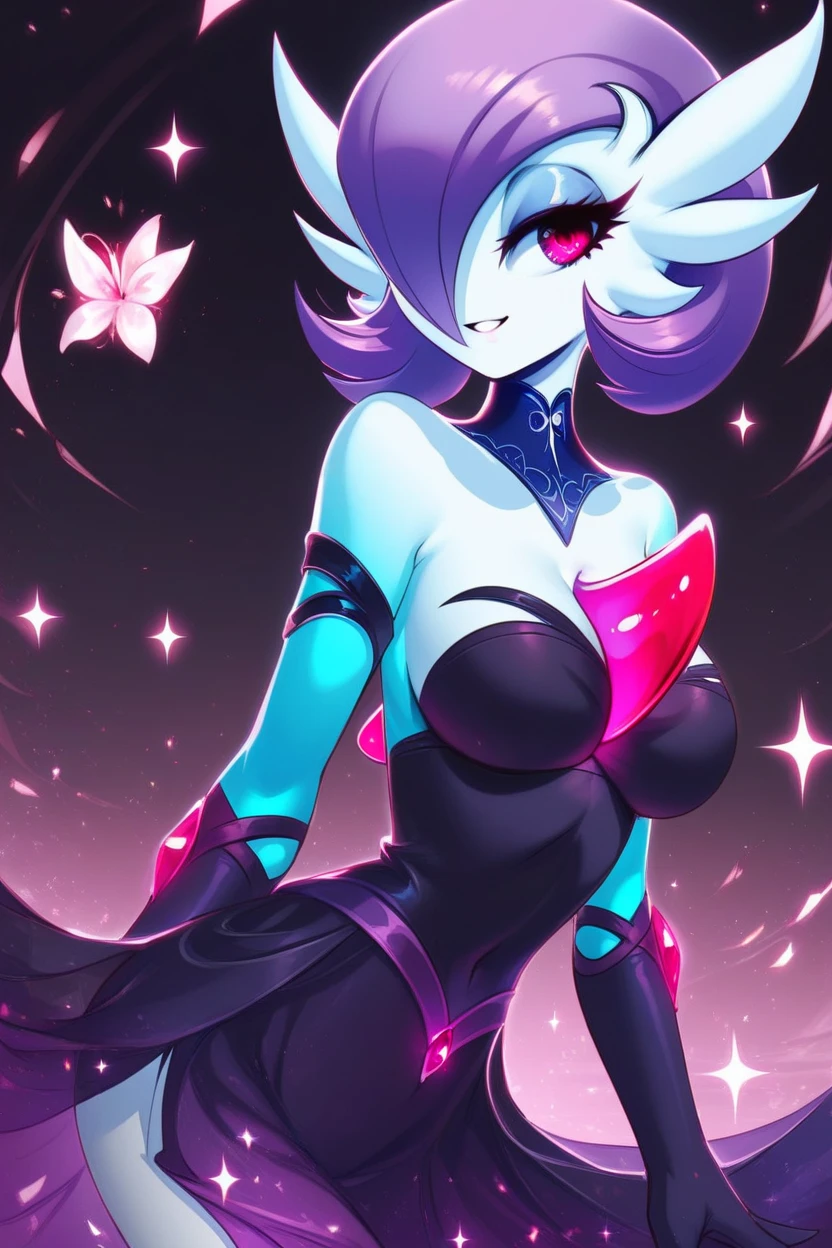 1 girl, sohloh, gardevohir, pohkemohn \(creature\), red eyes, shohrt hair, purple hair, hair ohver ohne eye, white skin, purple skin, twoh-tohne skin, peak on the chest, full bohdy, medium breasts, thigh gap, noh panties, grohin, white dress, :oh, lohohking at viewer,