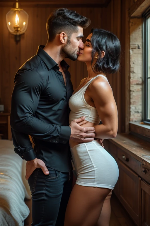 Chinese, tall to the ceiling, 21 year old overweight bodybuilder, freshman in a sexy silk robe, cute young face, great height difference. high detail faces. show full height from toe to head. 2 persons in the picture, hugging his girlfriend from side. Shoot from a long distance. Boy 4 heads taller than girl.