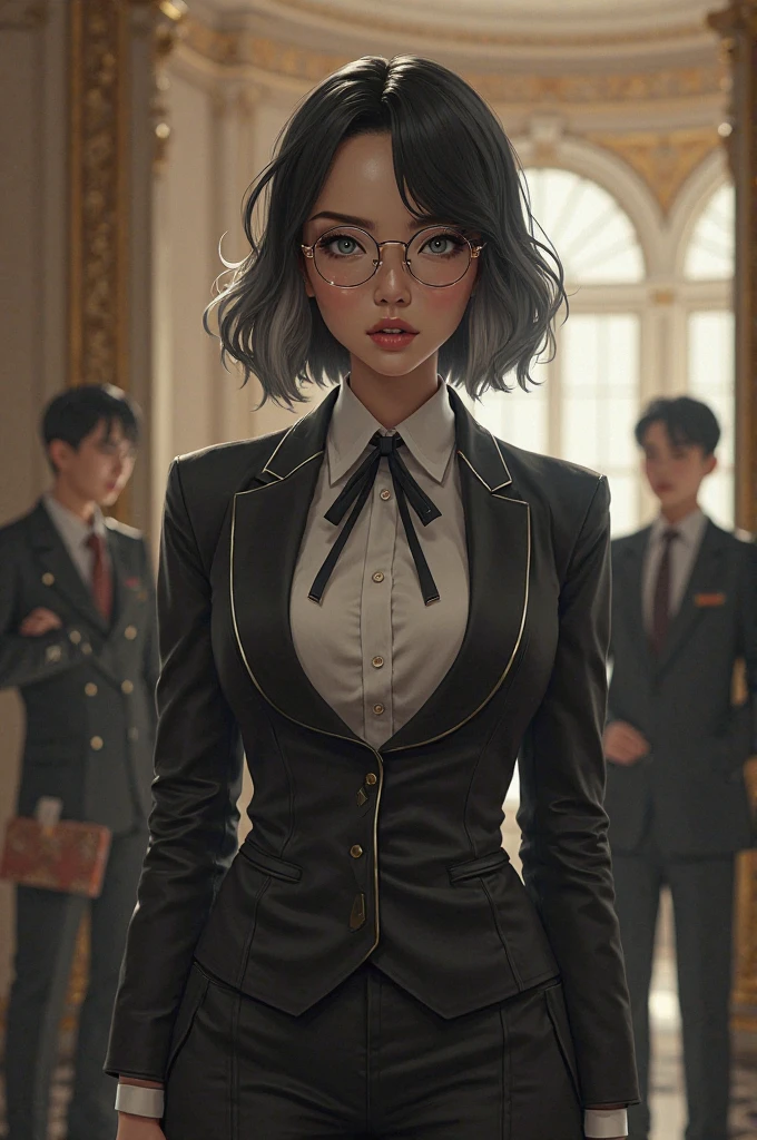 Adult woman with accessories and governess uniform. She has dark hair with white highlights. She wears glasses and looks a bit careless. No fundo,is inside the mansion with employees working. 