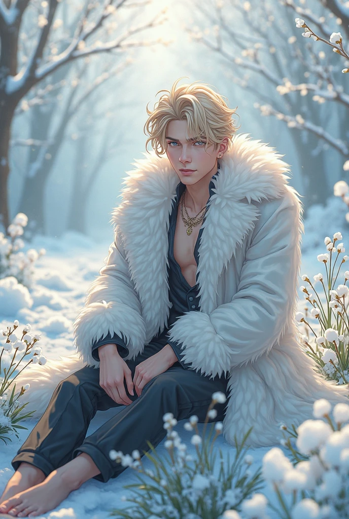 anime man, manhwa drawing, blonde, grey eyes, elegant hairstyle, detailed hair, medium-lenght hair, in fluffy white fur coat, sitting on grass under snow, snowdrops, creak, grass,  feet, white top
