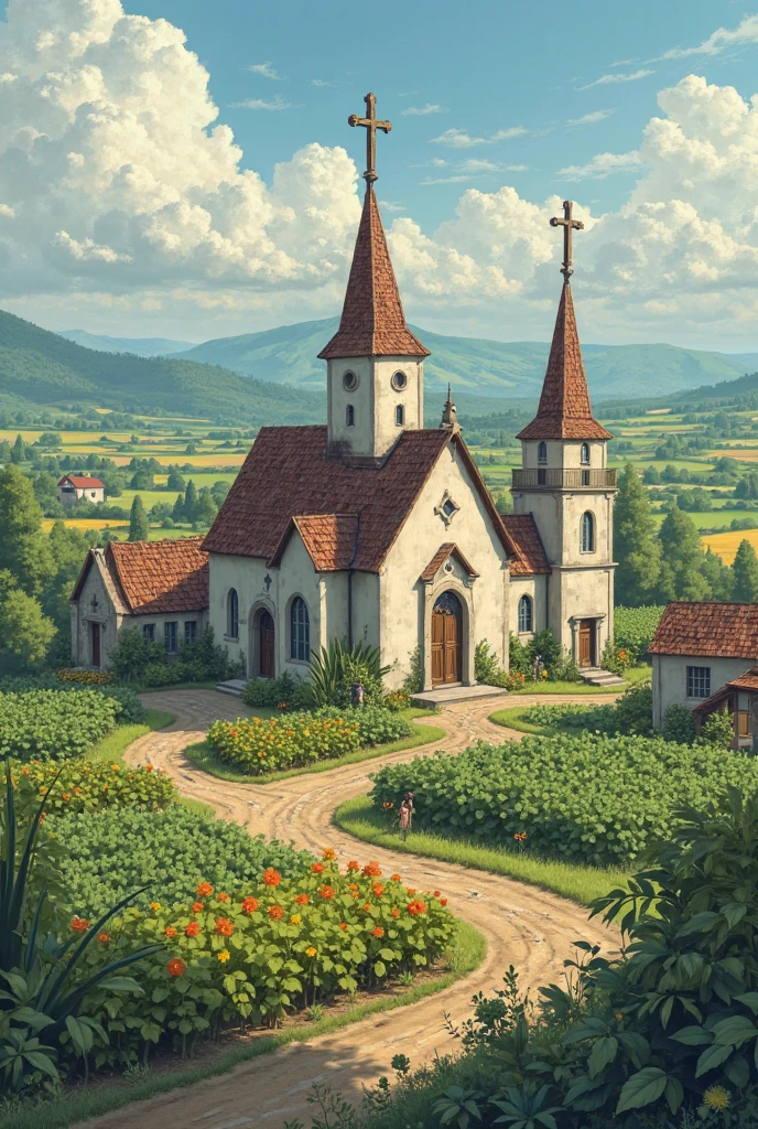 small churches with obvious crosses on agricultural land，with crops growing around，There are some farmers' houses