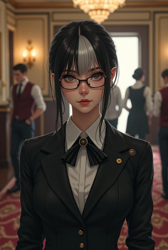 Adult woman with accessories and governess uniform. She has dark hair with white highlights. She wears glasses and looks a bit careless. No fundo,is inside the mansion with employees working. 