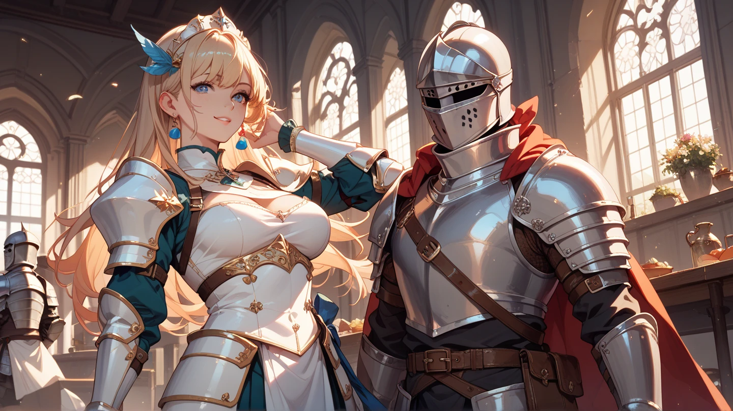 Masterpiece, best quality, White headphone, blonde, Korean woman, tall, slender, Female Knight, red armor, beautiful face, beautiful hand, anime pastel, cleavage, Castle, wide-angle