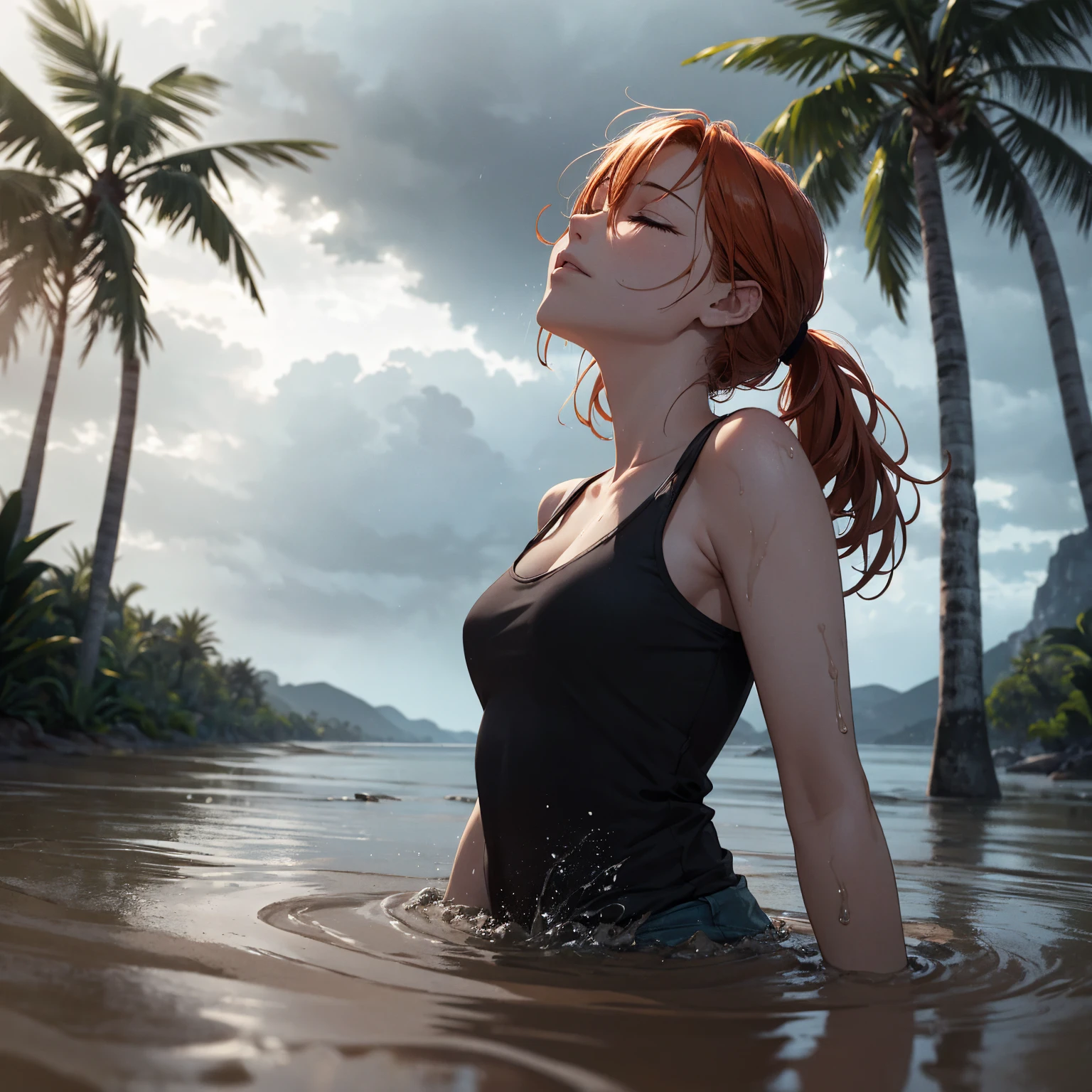 Solo, 1girl, drowning in quicksand, sinking in quicksand at the beach, ocean, palm trees, coastal, sand, orgasm expression, looking up, eyes closed, mouth open, stormy weather, (overcast lighting:1.5), gloomy, Solo, From Side, ginger hair in ponytail, wearing a tank top, sensual, beautiful, sweet girl, pleasure, rainstorm, rain drops, wet, soaking,
