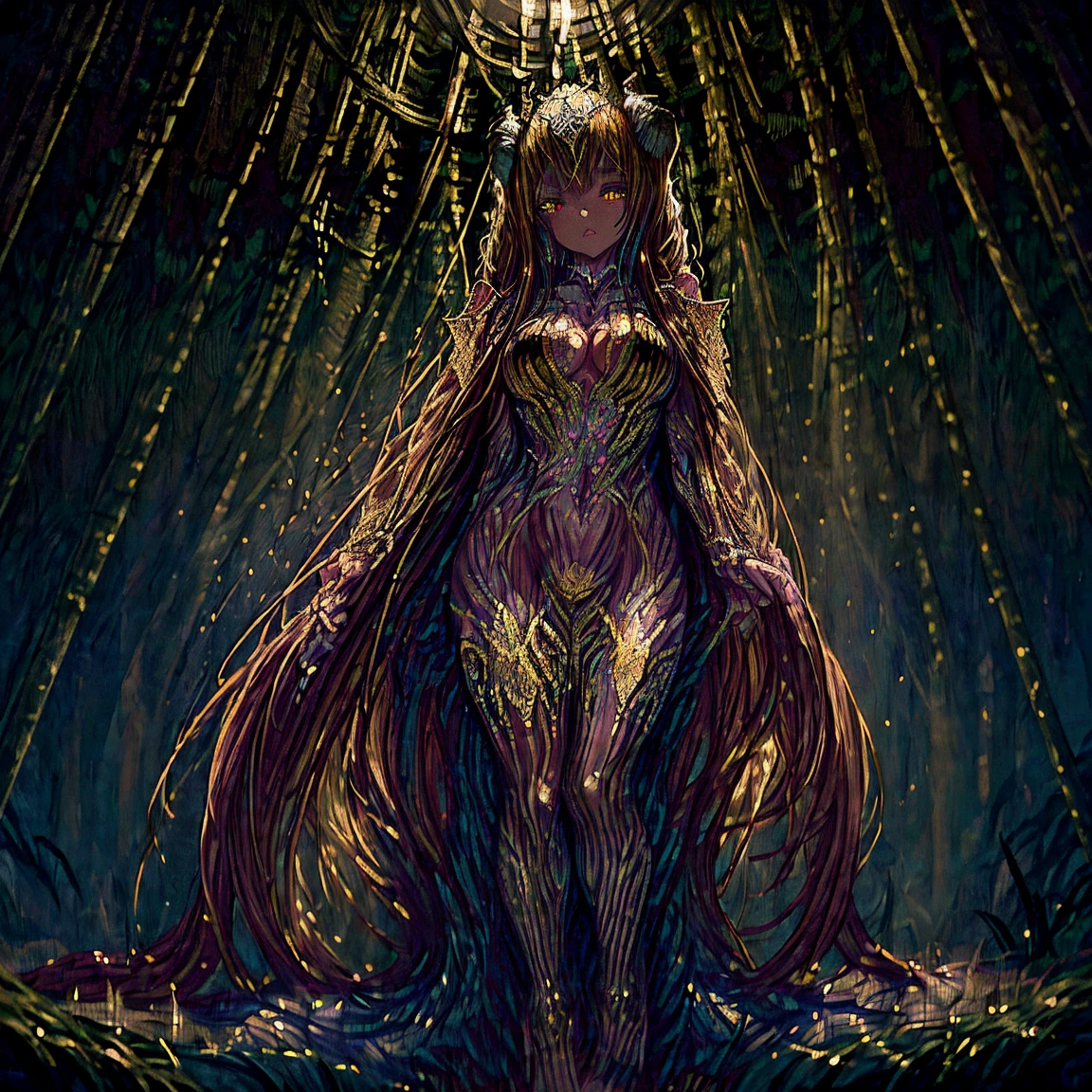 In the middle of an extensive and ancient magical forest, the trees rise imposingly, their crowns intertwining creating a natural roof of glowing green leaves.  The air is charged with an ethereal energy, and small lights float, like enchanted fireflies.  Suddenly, a flash breaks the calm of the forest.  In the distance, beyond the rows of gnarled trunks and snaking roots, a huge explosion lights up the horizon.  The golden and orange glow bathes the trees in blinding light, casting dancing shadows and filling the air with a deep rumble.