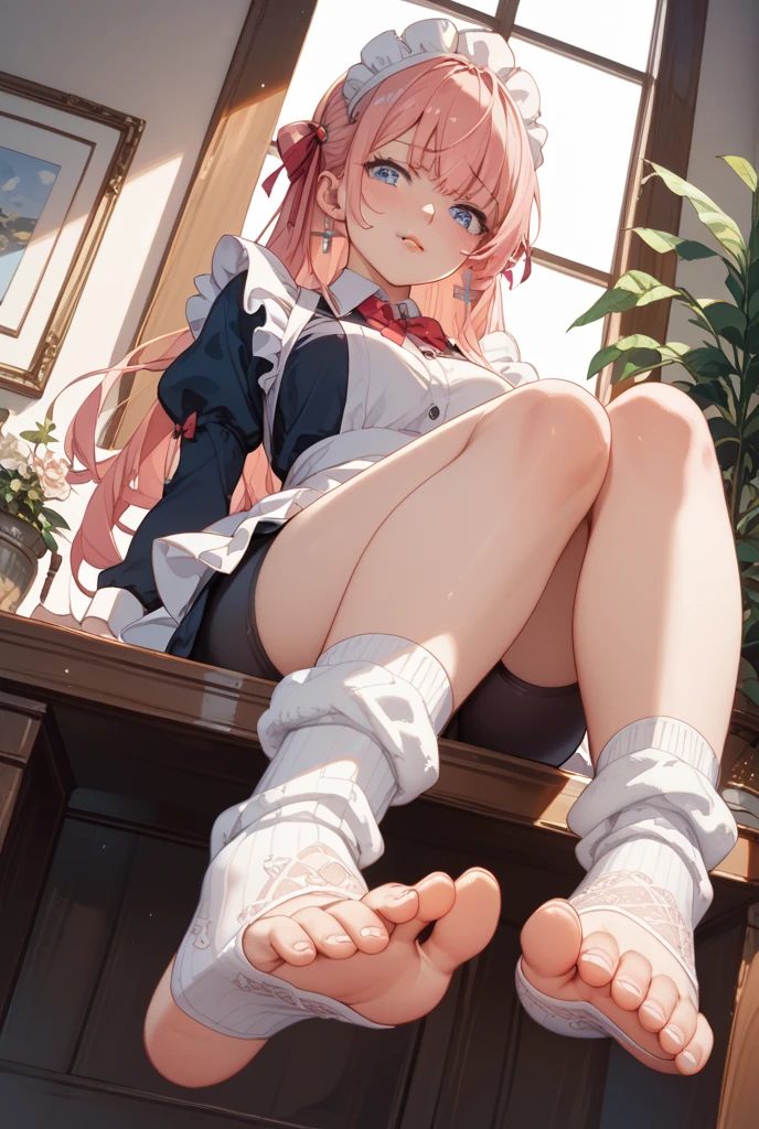 {{masterpiece}},illustration,best quality,extremely detailed CG unity 8k wallpaper,1girl_solo, full_body, from_below, looking_at_viewer, looking_down,(white pantyhose: 1.5), (no shoes:1.3),bed,wavy hair,disheveled hair,braided bangs,Sexy and charming panties,revealing dress,window,Close-up of the foot,hair_ribbon,strong rim light,pink,花,