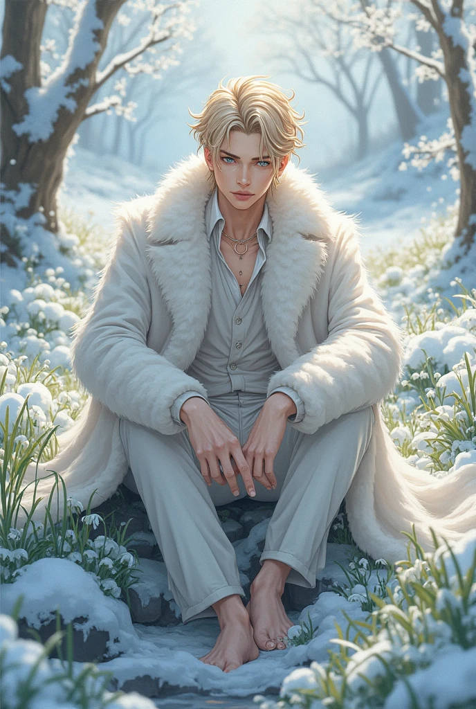 anime man, manhwa drawing, blonde, grey eyes, elegant hairstyle, detailed hair, medium-lenght hair, in fluffy white fur coat, sitting on grass under snow, snowdrops, creak, grass, bare feet, white top