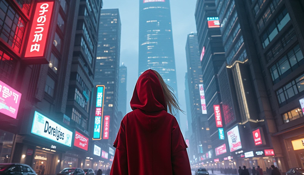 cybercity、blond girl looking up at the city、I'm wearing red hooded clothes、I'm looking up at the city、neon light、