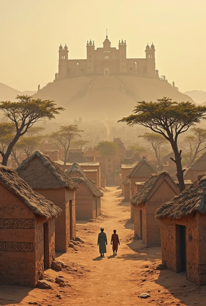 A dusty Northern Nigerian village during the dry season, with small mud houses, sparse trees, and a distant view of a large, mysterious palace on a hill. The sky is hazy and the ground cracked.