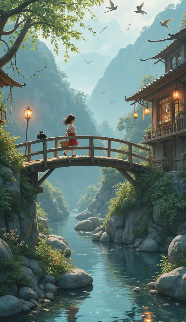 Riverside Morning in a Hidden Village
“A quiet village tucked away in a mountain valley, where the river runs clear and slow. Morning fog rolls gently over the water’s surface, weaving through moss-covered stones and willow branches that sway like whispers. A wooden bridge arches gracefully over the river, and a small figure crosses it with a wicker basket — a girl with wind-tossed hair and a sleepy black cat perched in the basket. Lanterns hang from the rooftops, still glowing softly from the night. Steam curls up from a kitchen window where an elderly spirit in human form brews tea, surrounded by animated kitchen tools. The whole village seems to breathe, alive with subtle enchantment. Birds with ribbon-like tails glide overhead, and somewhere, wind chimes made of seashells sing a memory into the morning air.”