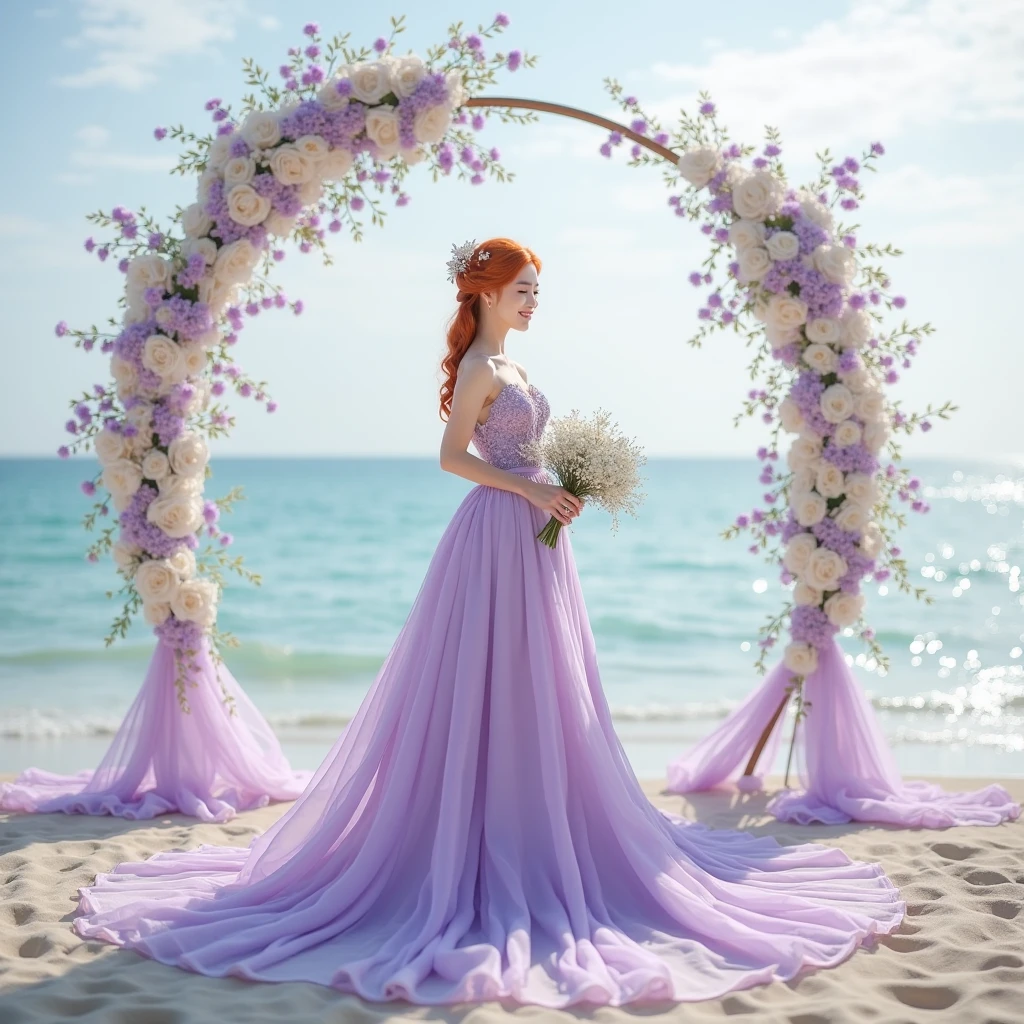 woman at the beach <lora:weddingdress:1> fairy dress, crystals