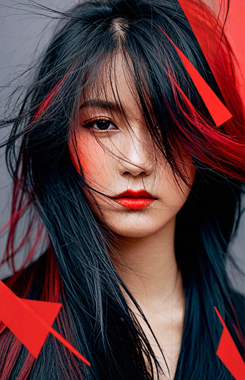 abstract female portrait,undefined hair,red and black color palette,blurred boundaries,upper body,fragmented visual style,evokes feelings of rebellion and passion,