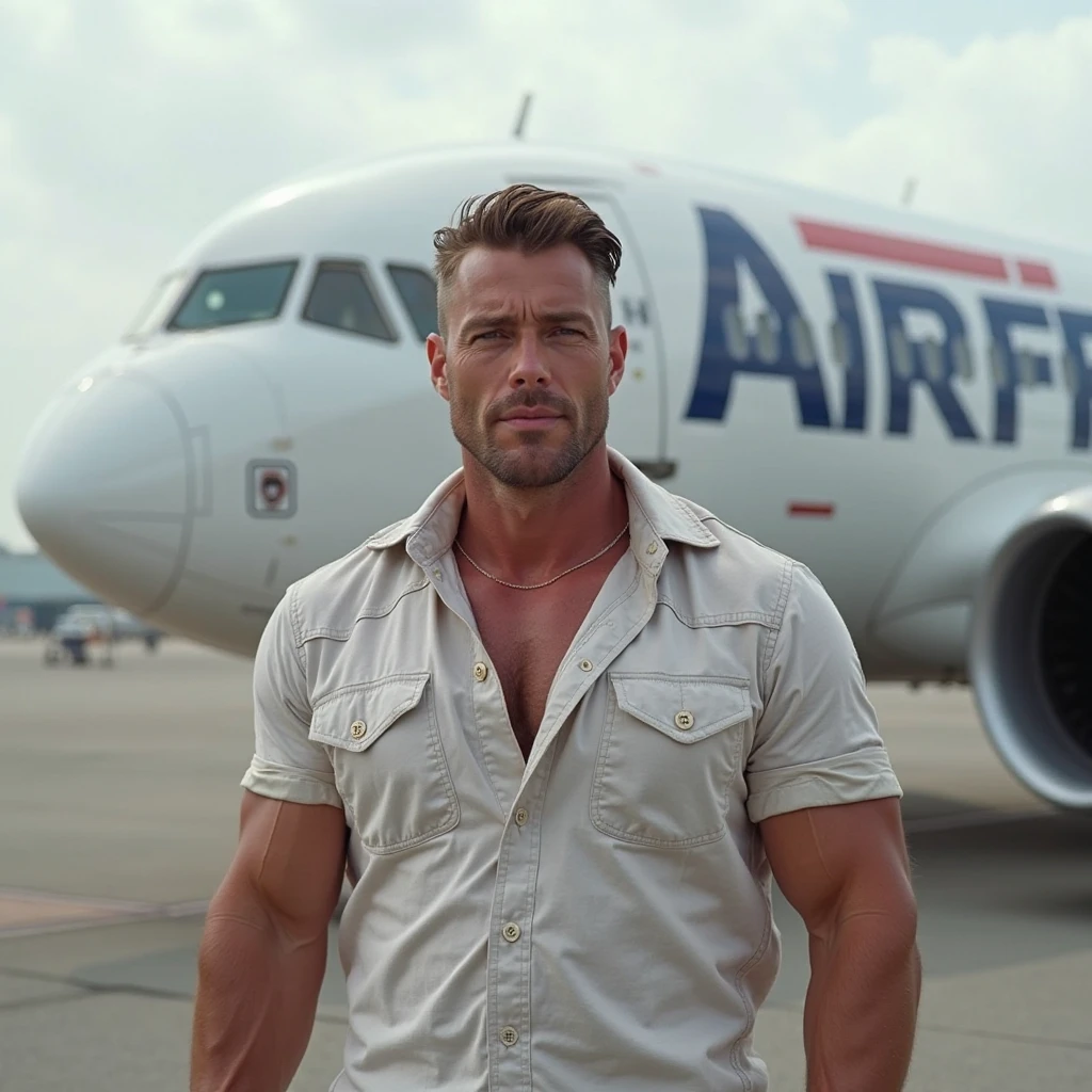 Aircraft captain! The captain's uniform! Movie poster! captain's uniform! captain's uniform! Background Airplane Airport ! Skinny and tall!(Chest hair:1.5) ! High detail 8K)! ((Realistically)), ! 186 cm! 70 kilograms! Popular clips! ( High-detail 8k ((realistically)), big hairy ! Dark skin, best quality, bright lighting, focus, theater! 35 years old, hairy breasts, Reddit, photo realism, gray hainely sculpted eyes! gray hair! gray hair!!(Chest hair:1.5) outdoor!! Blue sky!,more detail , less detail