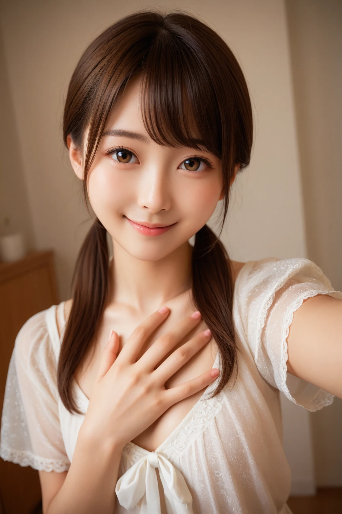 20 year old girl, Super Long Ponytail、Smiling, White tops&Please wear a coat, Star Hairpin.