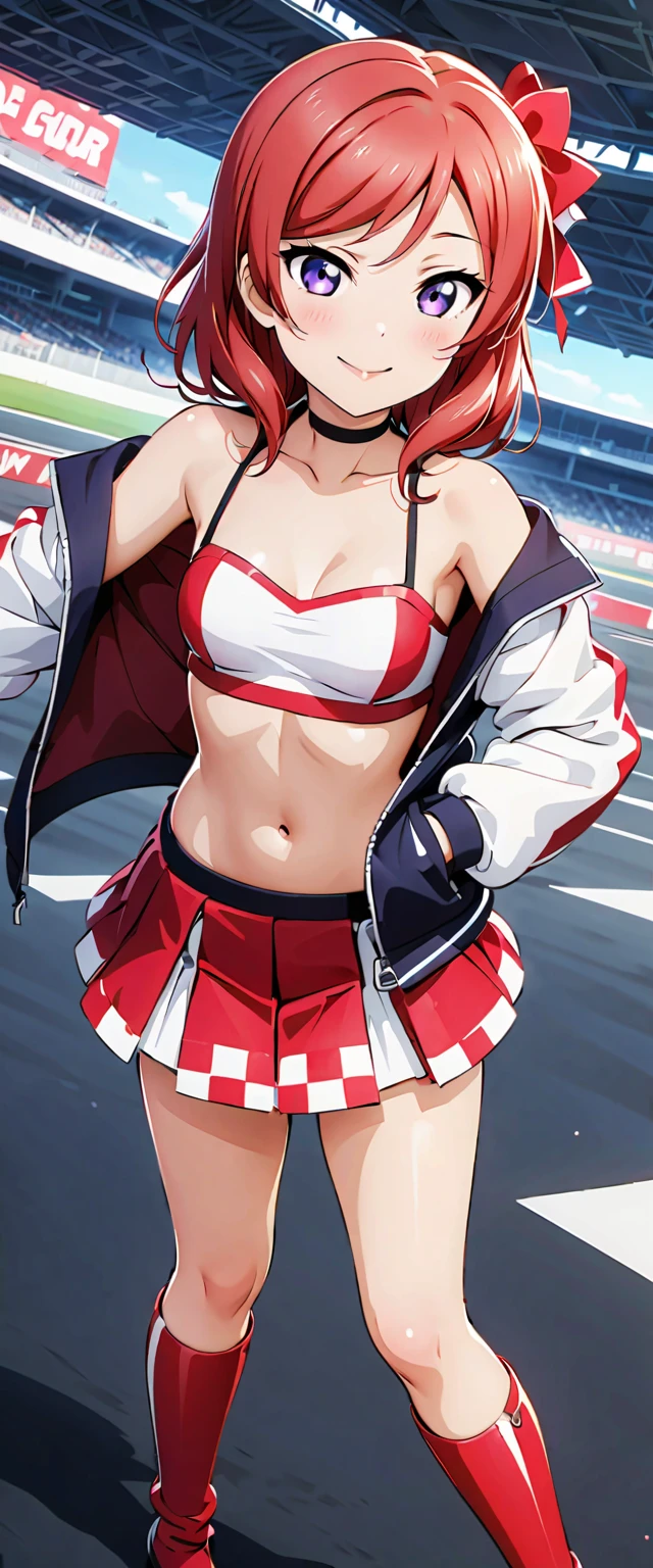 1 female,black hair,25 years old,(((Shiny race queen uniform with exposed belly button)))(((blush、open mouth smile)),(((straight hair))),(((portrait))),crowd,,(wet with sweat)(leather thigh high boots)(((beautiful breasts)))